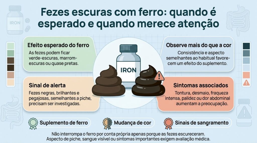 Durante o uso de ferro, o aspecto das fezes e os sintomas associados ajudam a diferenciar uma mudança esperada de um possível sangramento.