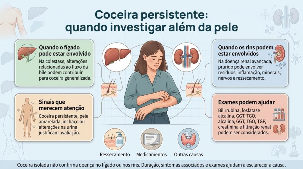 Coceira persistente sem lesões que expliquem o quadro pode levar à investigação de causas dermatológicas, hepáticas, renais e outras.