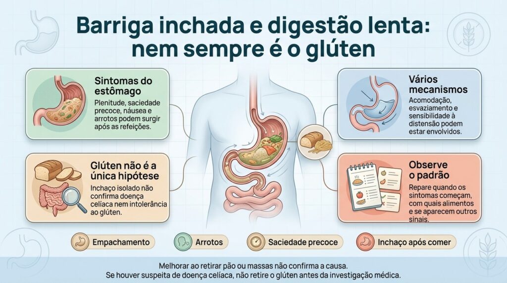 Sintomas digestivos podem ter diferentes origens e devem ser investigados antes de excluir o glúten ou outros alimentos.