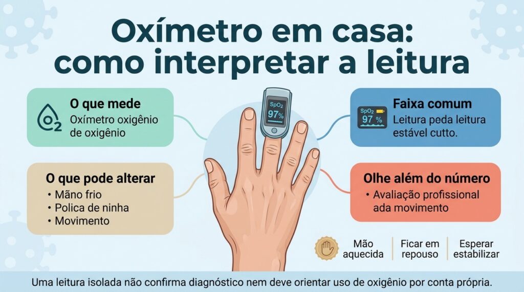 A leitura do oxímetro pode variar e deve ser interpretada junto com sintomas, condições individuais e possíveis interferências.