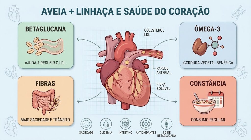 Betaglucana, fibras e ômega-3 vegetal formam a base cardiovascular dessa combinação alimentar.