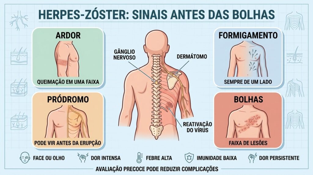 Ardor, formigamento, pródromo e bolhas mostram a evolução típica do herpes-zóster.