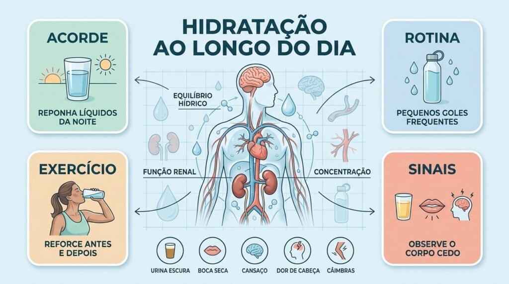 Hidratação distribuída protege concentração, desempenho e função renal ao longo do dia.