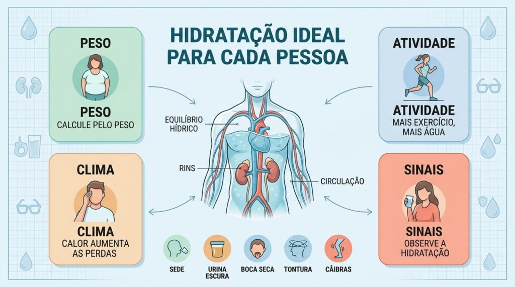 Quatro fatores orientam a hidratação: peso, exercício, clima e sinais de desidratação.