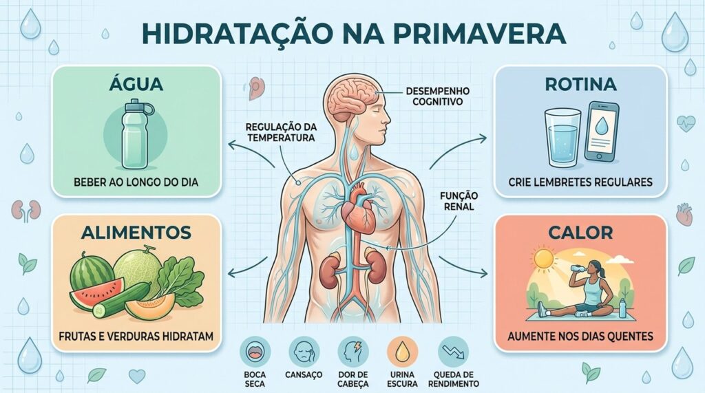 Água, alimentos ricos em líquidos, rotina e adaptação ao calor sustentam a hidratação diária.