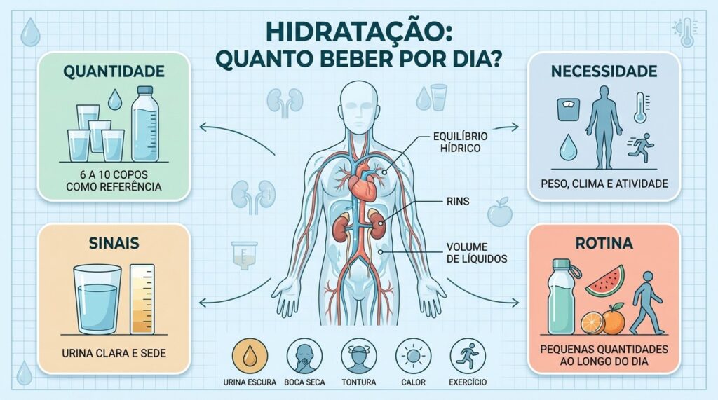 Peso, clima, exercício e sinais corporais ajudam a ajustar a hidratação diária.
