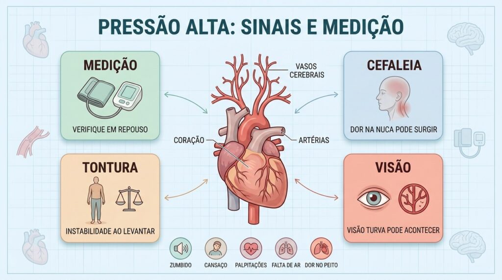 Medição regular e sinais discretos ajudam a reconhecer quando investigar pressão arterial elevada.