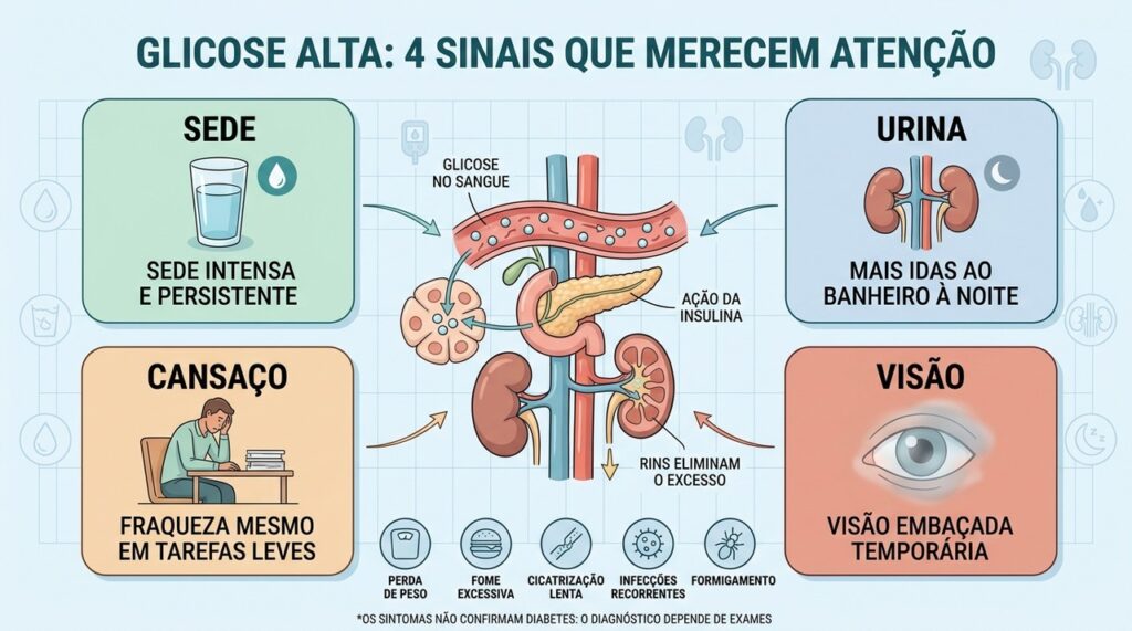 Sede, urina frequente, cansaço e visão embaçada podem acompanhar glicose elevada.