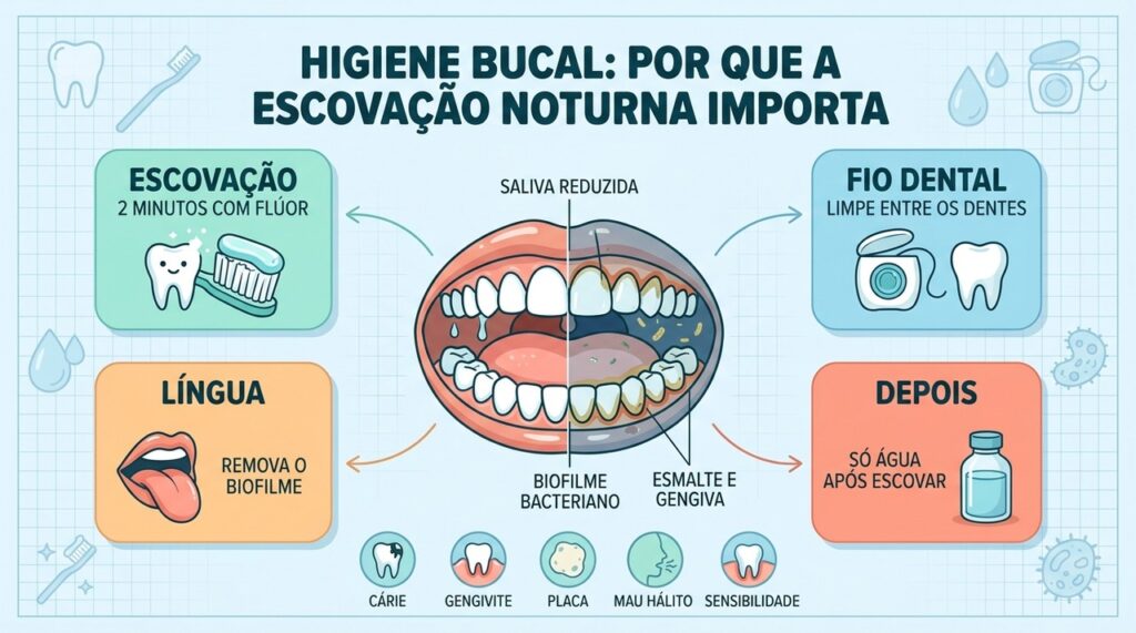 Escovação, fio dental, limpeza da língua e água completam a proteção bucal noturna.
