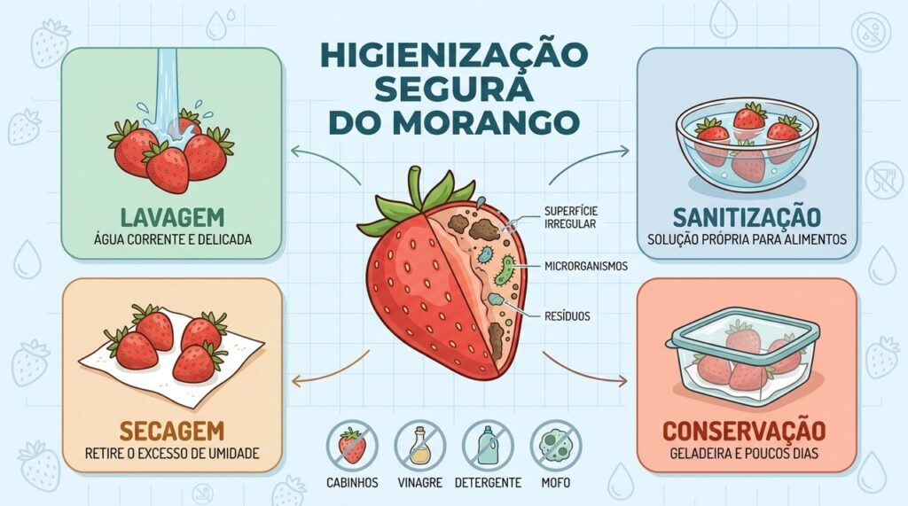 Quatro etapas protegem o morango: lavar, sanitizar, secar e conservar corretamente.