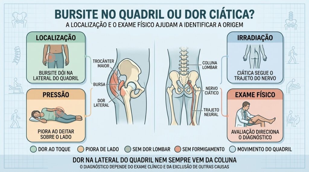 Dor lateral, piora ao deitar e exame físico ajudam a diferenciar bursite e ciática.