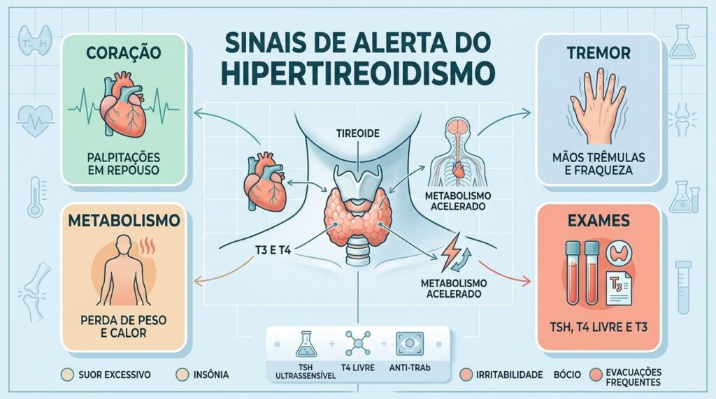 Palpitações, tremores, calor excessivo e exames ajudam a identificar o hipertireoidismo precocemente.