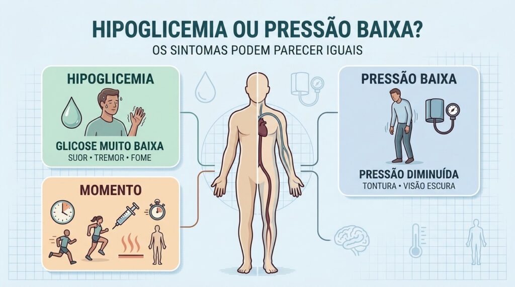Suor, fome, postura e medições ajudam a diferenciar glicose baixa de hipotensão.
