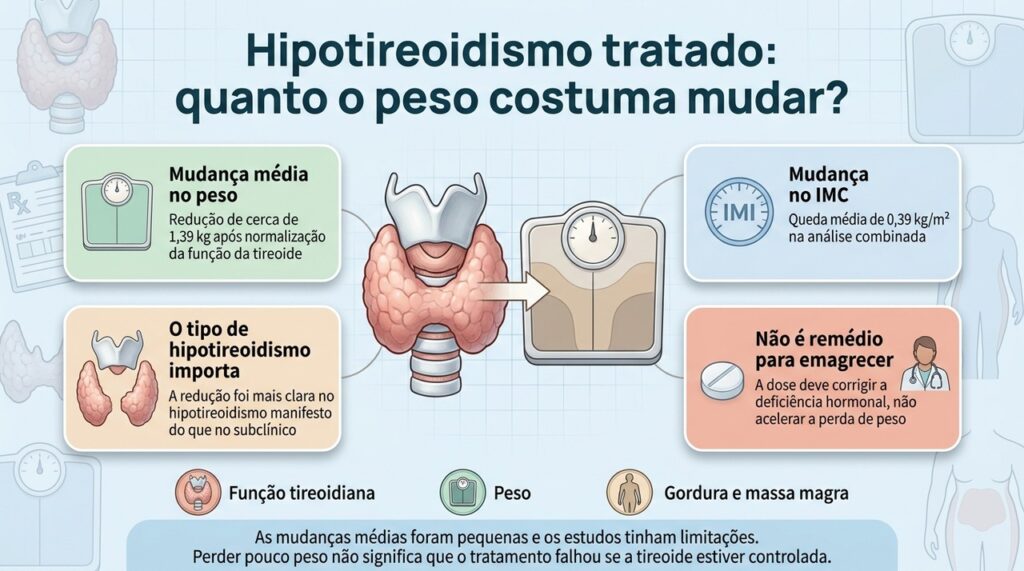 A meta-análise encontrou pequena redução média de peso após o tratamento, principalmente no hipotireoidismo manifesto.