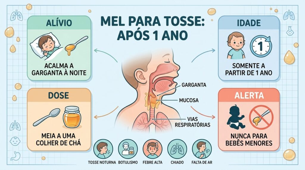 Alívio da tosse, idade segura e sinais de alerta orientam o uso do mel.