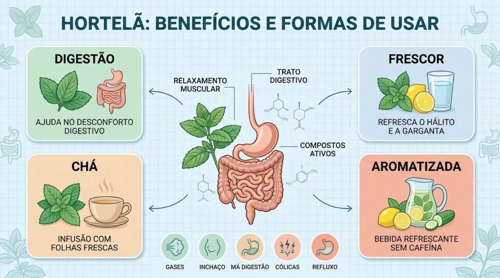 Hortelã pode auxiliar na digestão, refrescar e ser consumida em diferentes preparos.