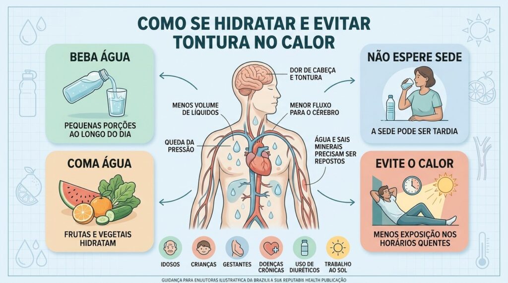 Água, alimentos hidratantes e menos exposição ao calor ajudam a prevenir sintomas.