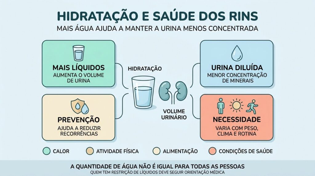 Boa hidratação aumenta o volume urinário e reduz a concentração de substâncias nos rins.