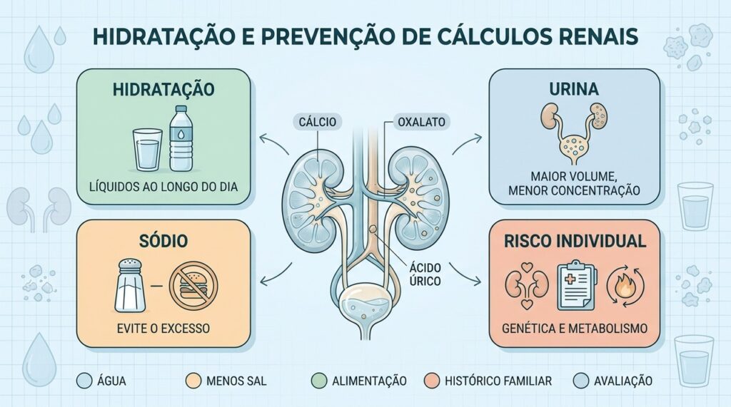 Hidratação, sódio, metabolismo e histórico individual influenciam o risco de cálculos renais.
