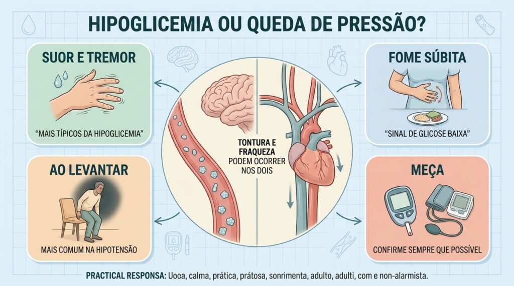 Sintomas se sobrepõem, mas glicose, postura e medições ajudam na diferenciação.