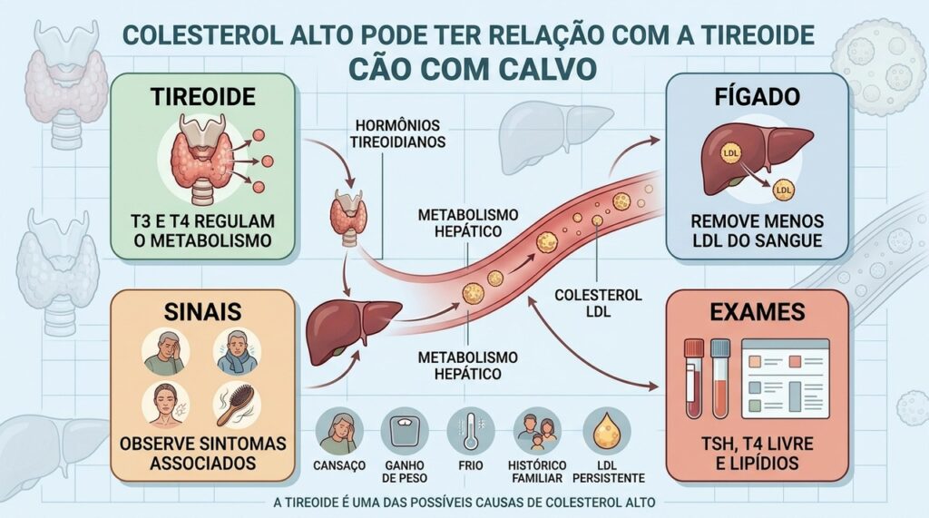 Tireoide, fígado, sintomas e exames ajudam a investigar colesterol alto sem causa evidente.