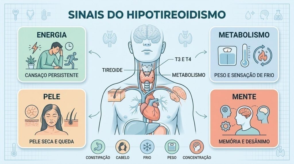 Cansaço, frio, pele seca, alterações de peso e memória podem acompanhar o hipotireoidismo.