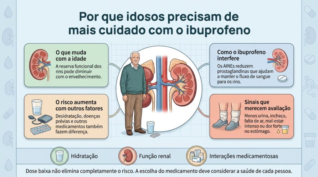 O risco renal associado ao ibuprofeno depende da função dos rins, da hidratação, das doenças prévias e dos outros medicamentos em uso.
