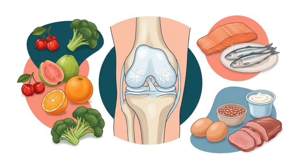 Um prato variado pode reunir fontes de vitamina C, proteínas e gorduras insaturadas importantes para a saúde articular.