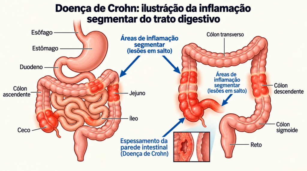 A doença de Crohn pode causar inflamação intestinal, diarreia prolongada, dor abdominal e perda de peso.