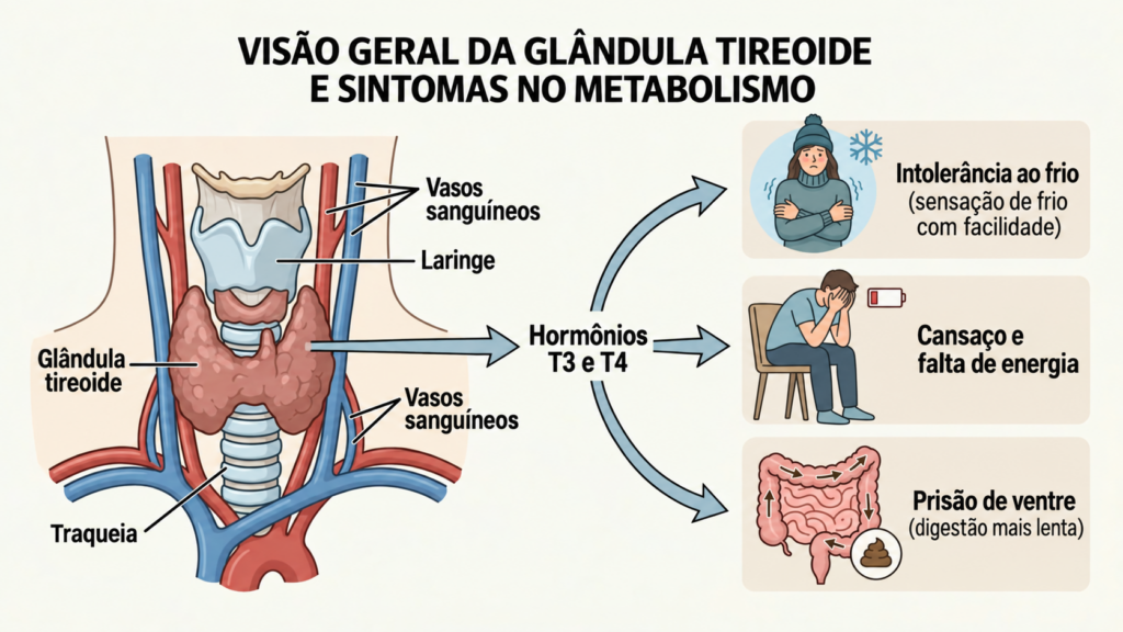Quando a tireoide funciona menos, o corpo pode ficar mais lento e causar cansaço, frio e prisão de ventre.
