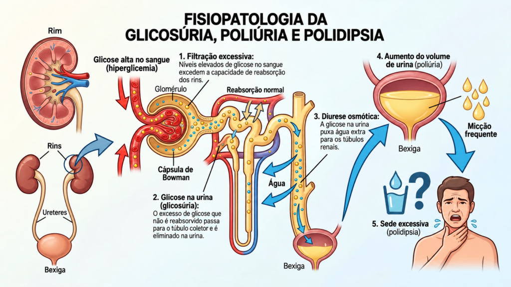 A glicose alta pode aumentar a eliminação de água pela urina e provocar sede excessiva.