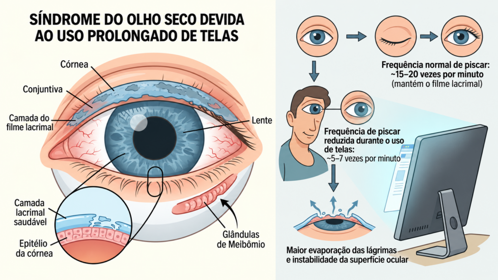 Piscar menos diante de telas pode favorecer a evaporação da lágrima e causar olho seco.