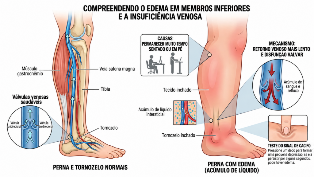 O inchaço nos tornozelos pode surgir quando a circulação fica mais lenta após muitas horas na mesma posição.