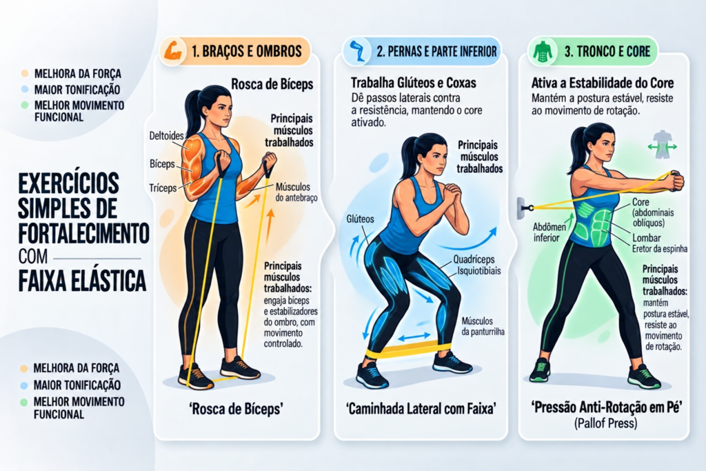 Fortalecimento pode começar com exercícios simples e resistência leve, aumentando gradualmente.