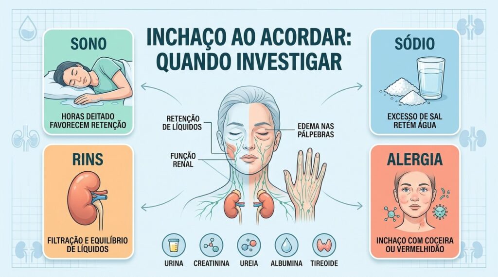 Sódio, alergias e alterações renais estão entre as causas investigadas do inchaço matinal.