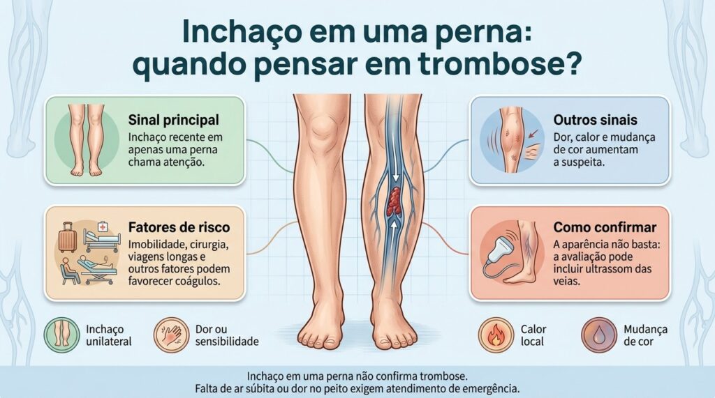 O conjunto de inchaço unilateral, dor, calor e mudança de cor aumenta a suspeita, mas o diagnóstico depende de avaliação médica.