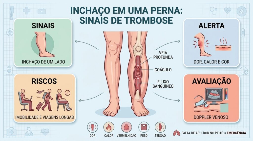 Inchaço unilateral, sintomas associados, fatores de risco e Doppler ajudam na investigação da trombose.