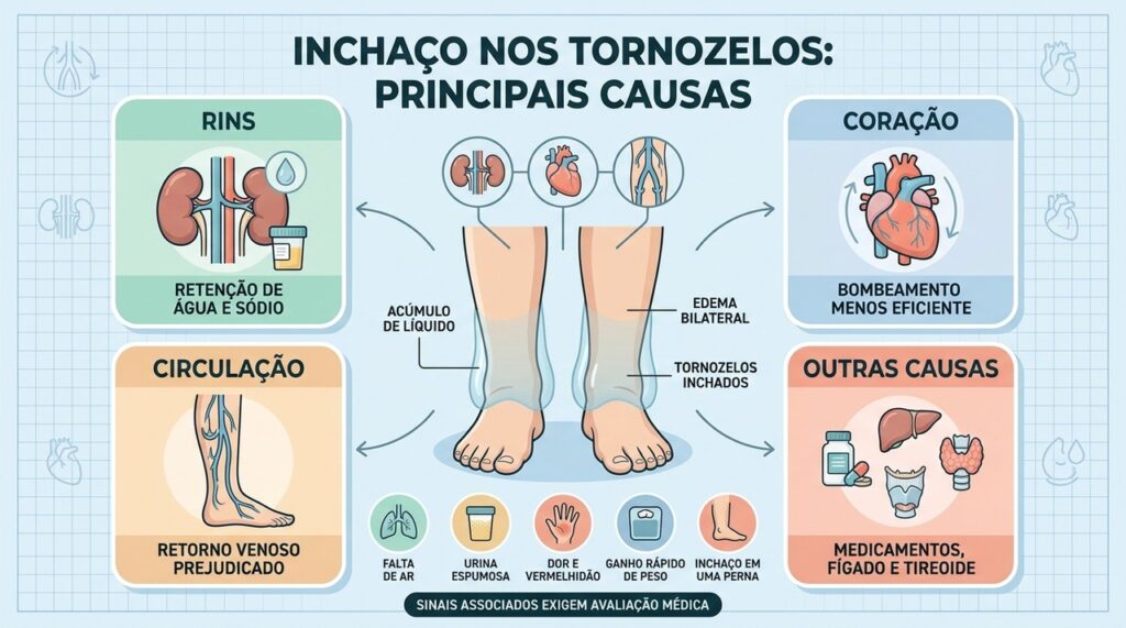 Rins, coração, circulação e outras condições podem explicar o edema nos tornozelos.