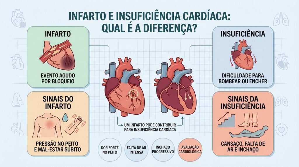 Bloqueio coronariano e falha de bombeamento explicam diferenças entre infarto e insuficiência cardíaca.