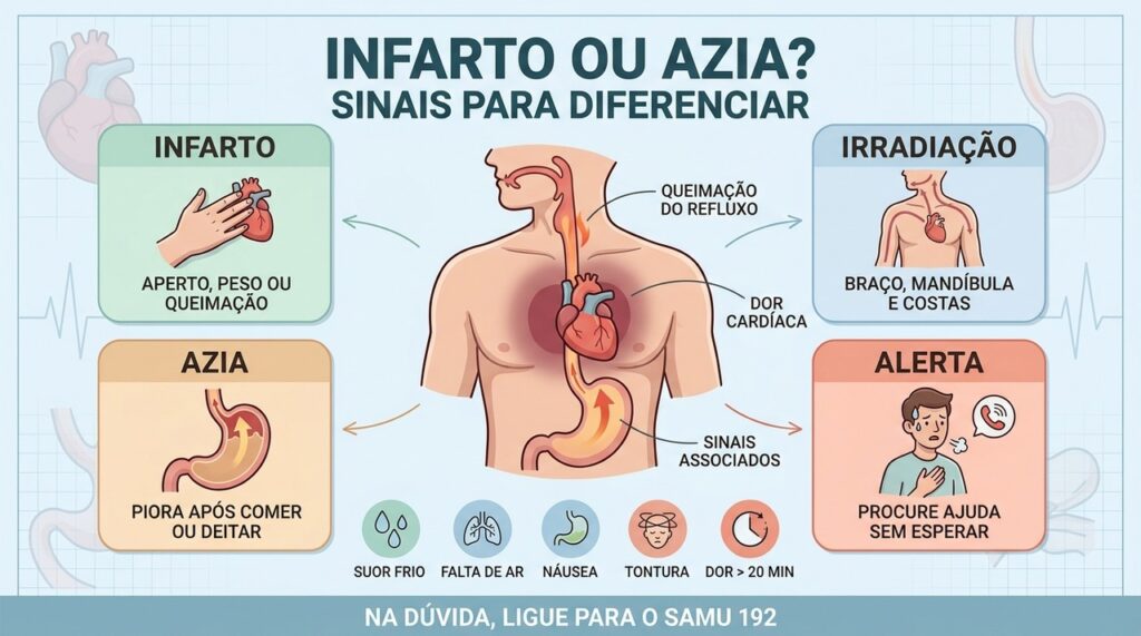 Pressão prolongada, irradiação e mal-estar diferenciam sinais de alerta da azia comum.