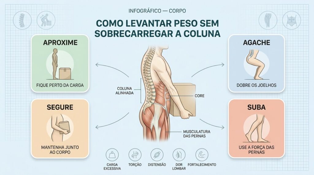 Aproxime, agache, segure e use as pernas para proteger a coluna.