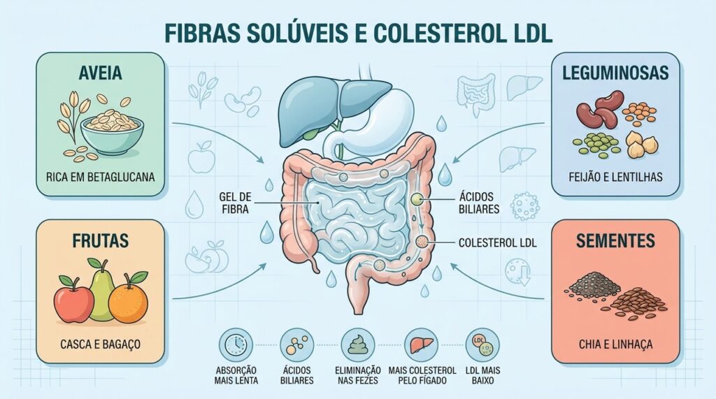 Fibras solúveis formam gel, capturam ácidos biliares e favorecem a redução do LDL.