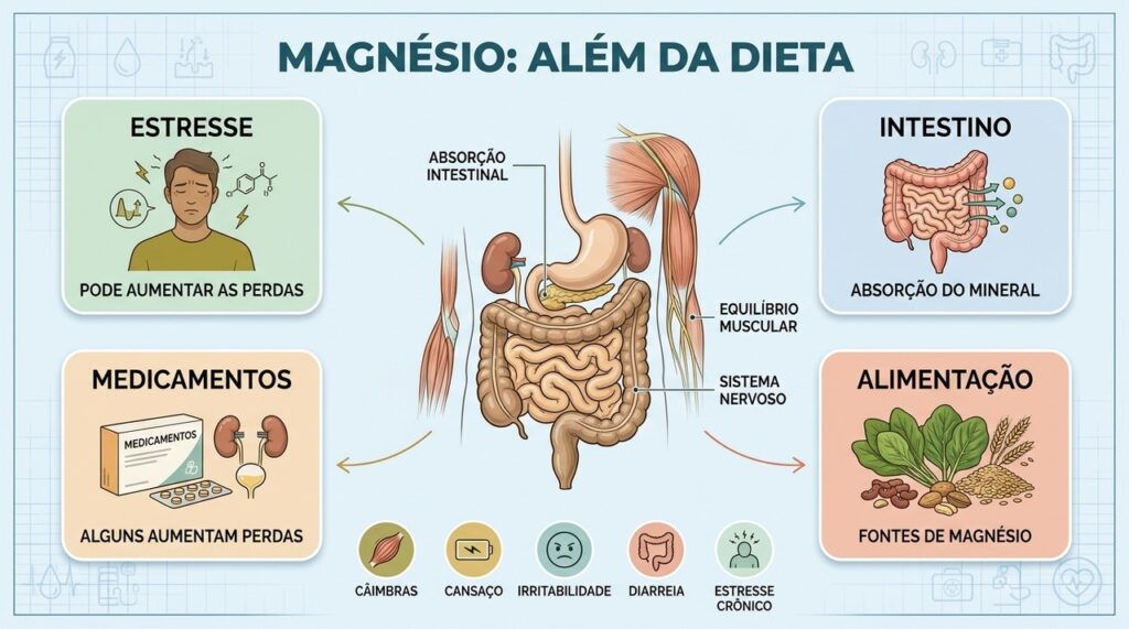 Estresse, alterações intestinais e medicamentos podem influenciar as reservas de magnésio.
