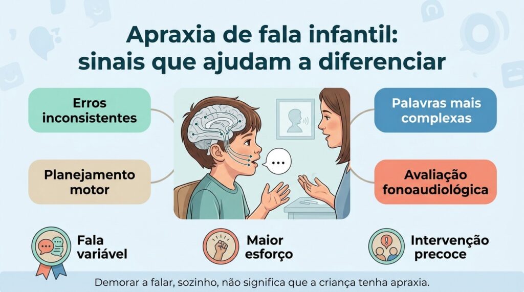 A apraxia envolve dificuldade no planejamento motor da fala e precisa ser diferenciada de outros atrasos do desenvolvimento.