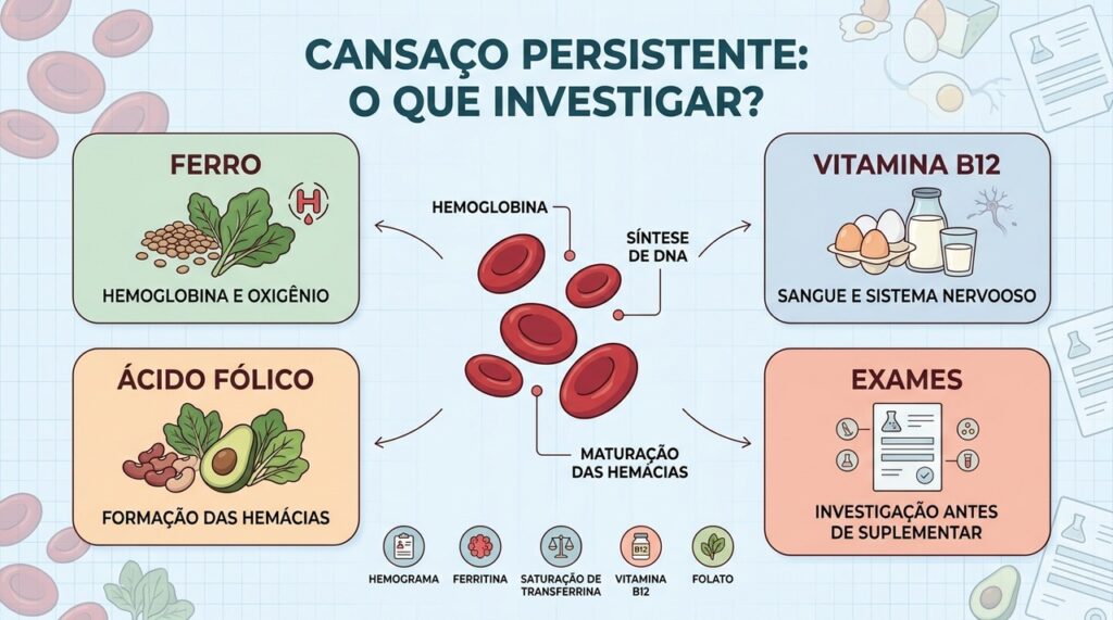 Hemograma e exames específicos ajudam a diferenciar ferro, B12 e folato.