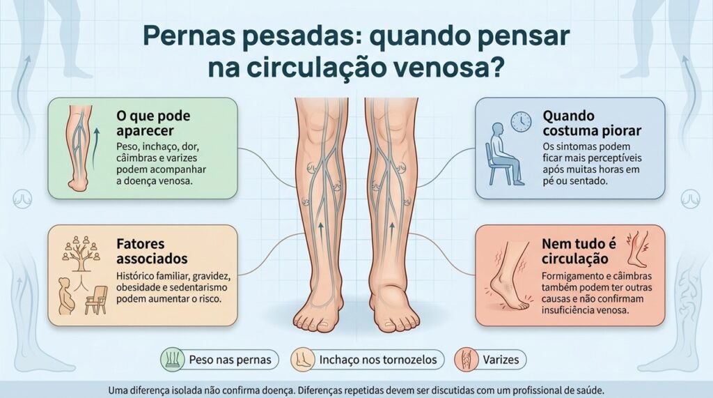 O padrão dos sintomas, junto de inchaço e varizes, ajuda a diferenciar suspeita de insuficiência venosa de outras causas de câimbras e formigamento.