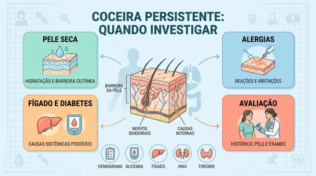 Pele seca, alergias, fígado, diabetes e outros fatores podem causar prurido persistente.