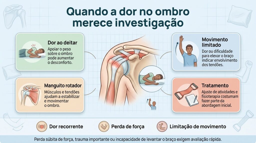 Dor noturna, perda de força e dificuldade para elevar o braço são sinais que podem justificar investigação do manguito rotador.
