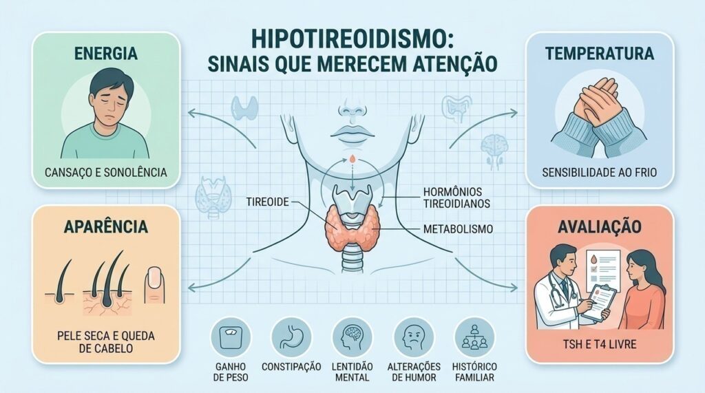 Cansaço, frio, alterações de pele e peso podem justificar investigação da função tireoidiana.