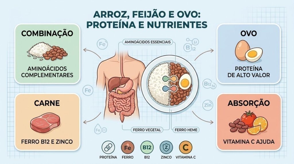Proteína complementar, ferro, B12, zinco e vitamina C ajudam a equilibrar o prato.